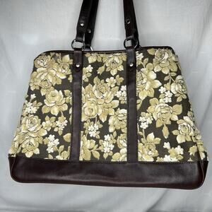 Glenda Gies Floral Rose Tote Brown Yellow Gray Velour Shoulder Bag